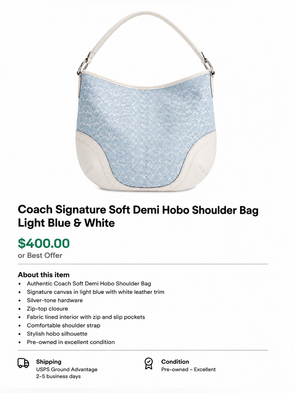 Coach Light Blue & White Signature Demi Hobo Shoulder Bag